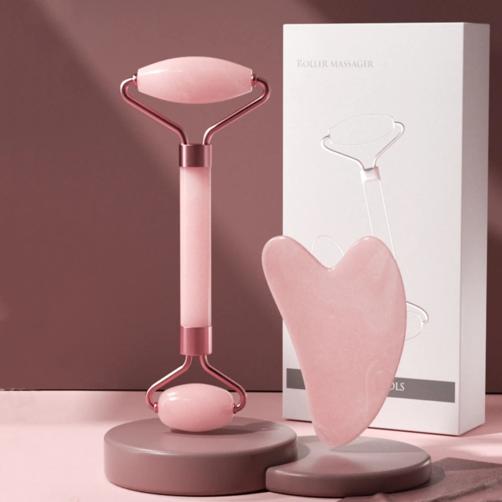 2 Adet Yüz Masajı Silindiri ve Gua Sha Tahtası – Yüz Germe ve Kırışıklık Giderici