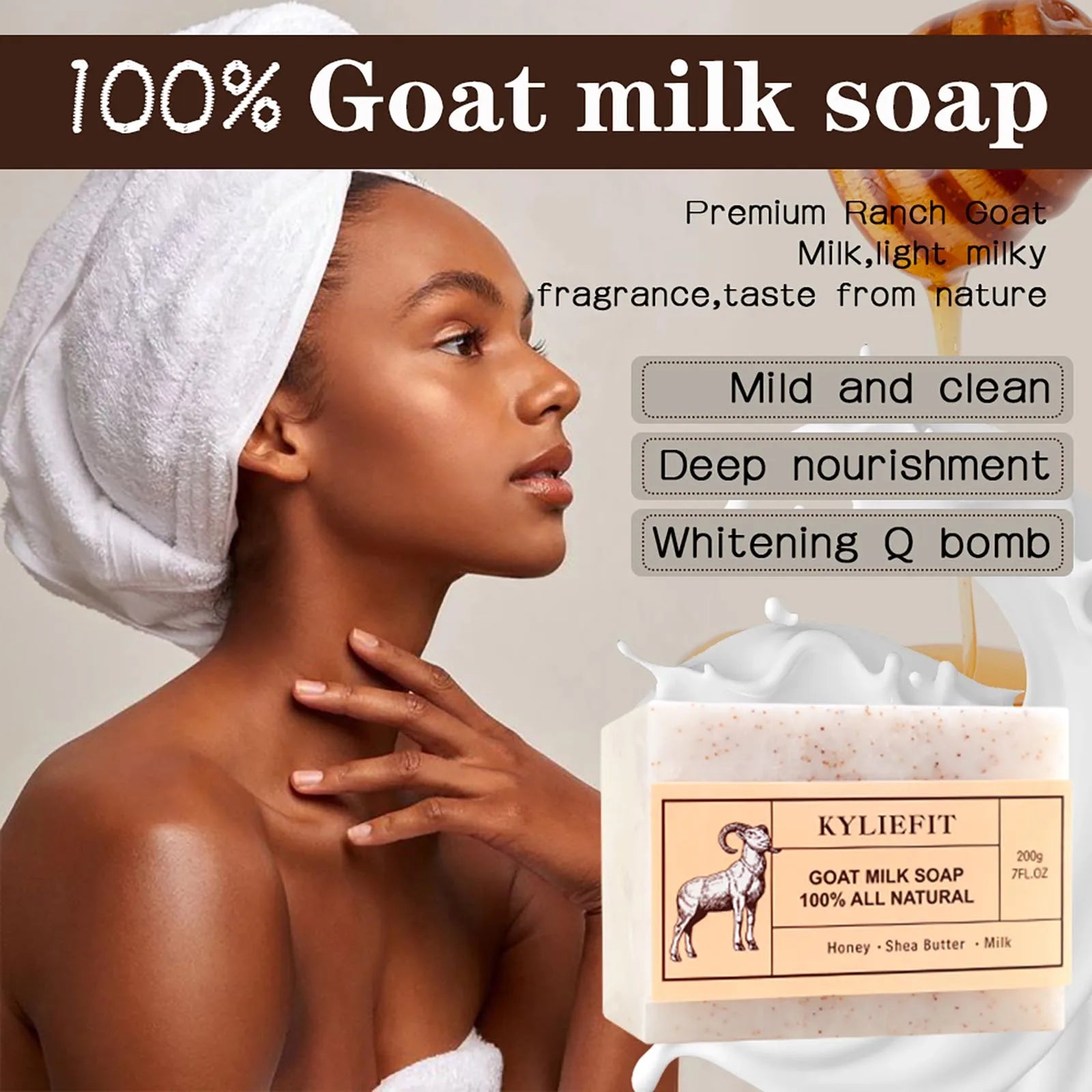 Goat Milk Soap Bar, 100% All Natural, Lightening, Cleaning, Moisturizing, With Honey, Shea Butter, Milk, 200g/ 7 oz