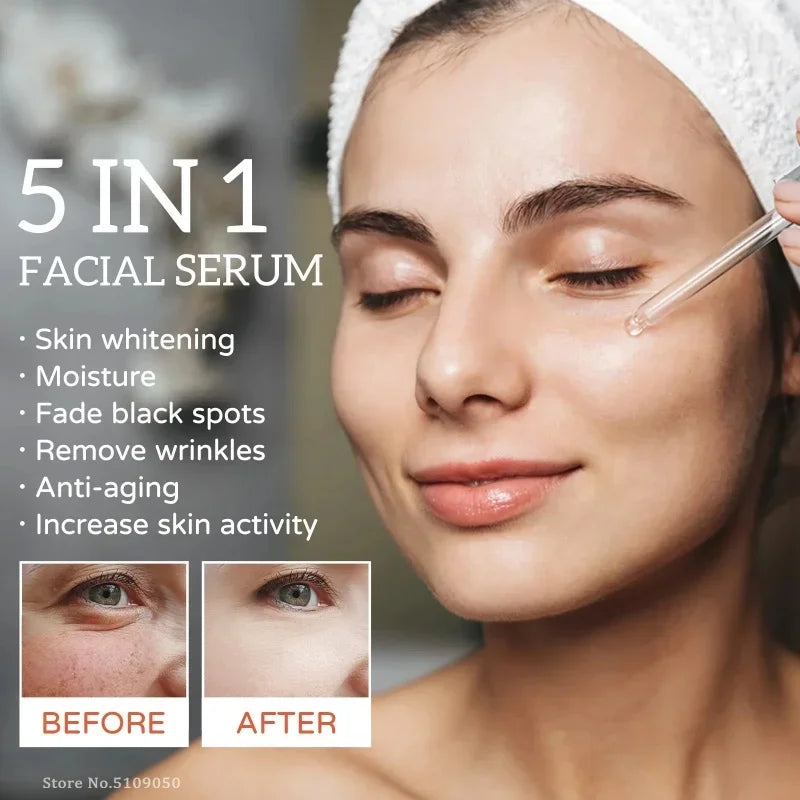 5 In 1 Anti-Wrinkle, Anti-Aging Face Serum | Hyaluronic Acid, Niacinamide | Shrinks Pores, Fades Spots | Whitening Skin Care