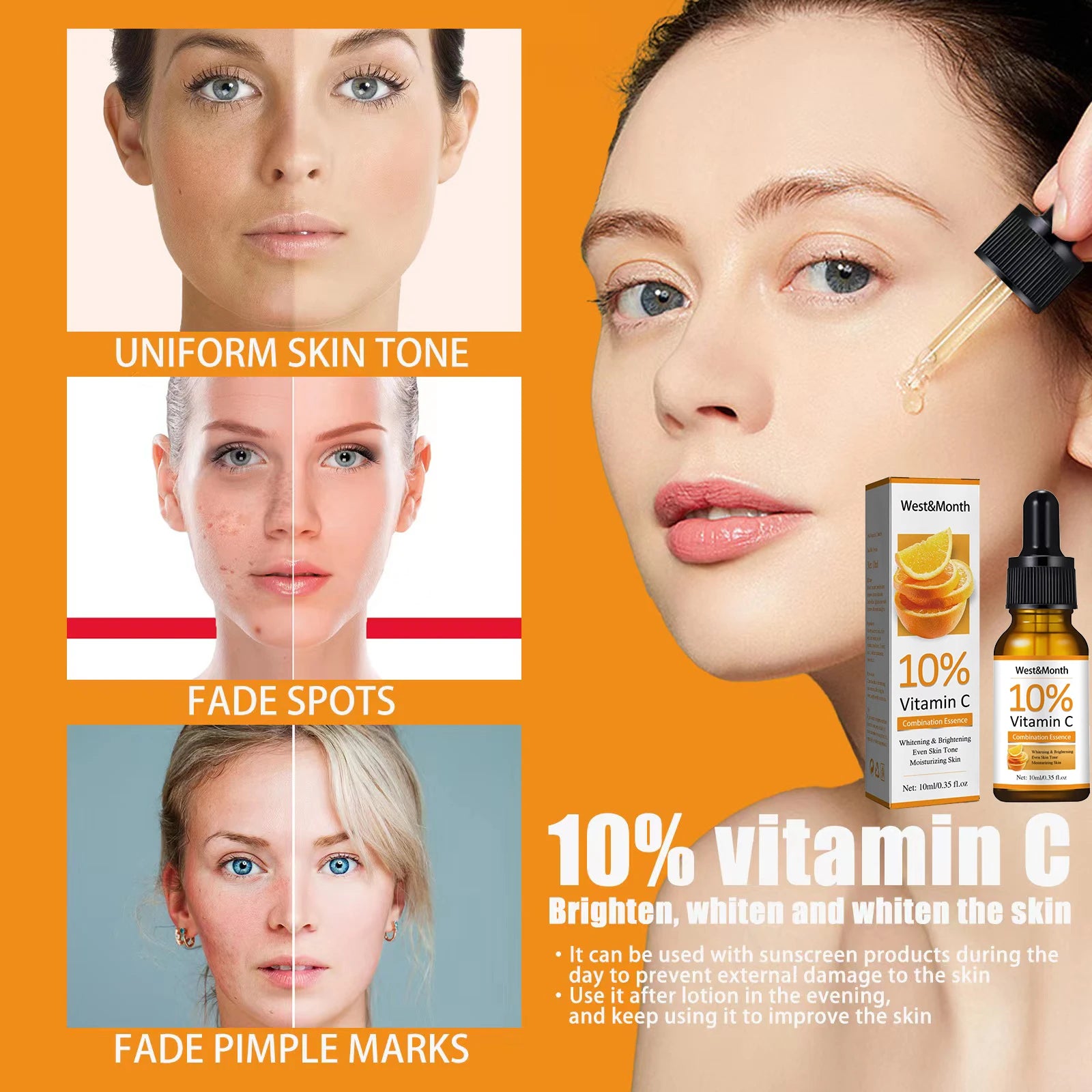 Vitamin C & Hyaluronic Acid Face Serum | Lightens Age Spots, Black Spots, Sunburn | Anti-Oxidation, Wrinkle Removal, Pore Shrinking | Skin Care
