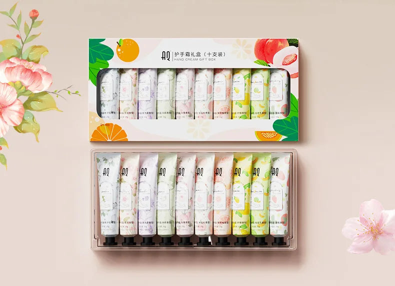 Flower & Fruit Fragrant Hand Cream Set – Moisturizing & Nourishing (10pcs)