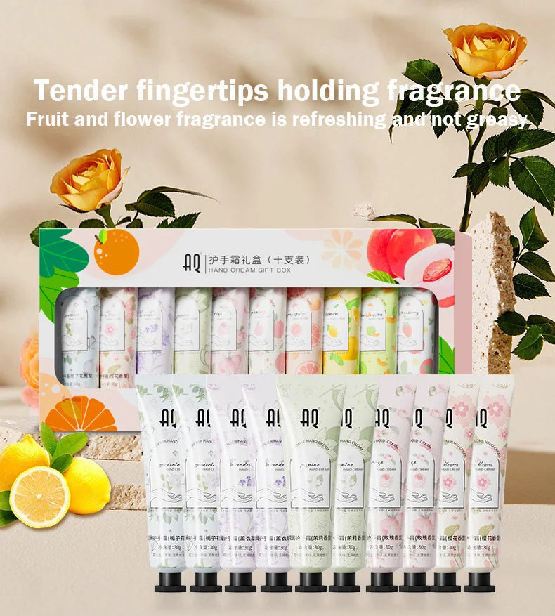 Flower & Fruit Fragrant Hand Cream Set – Moisturizing & Nourishing (10pcs)
